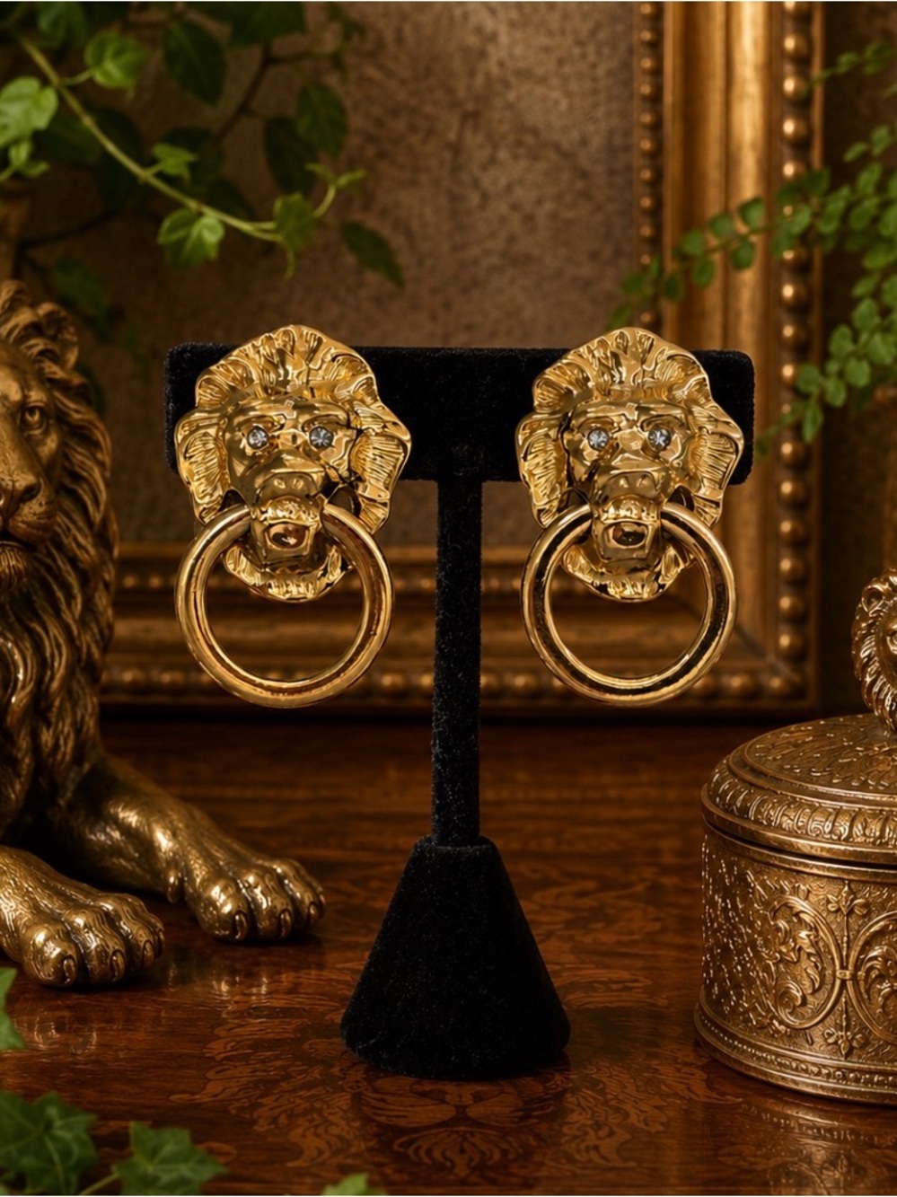 KENNETH JAY LANE for Avon Gold Lion Head Door-Knocker Statement Clip Earrings
